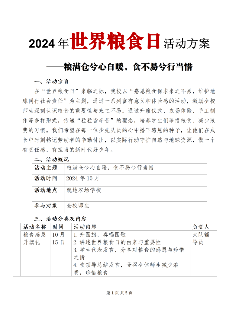 2024年世界粮食日活动方案、演讲稿和PPT课件材料