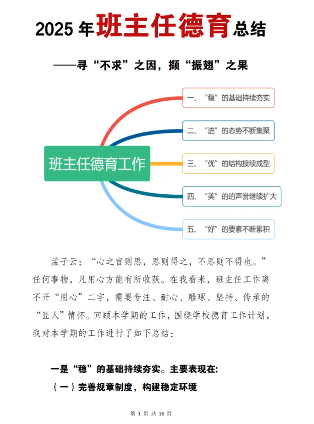 2025年班主任德育总结汇报材料