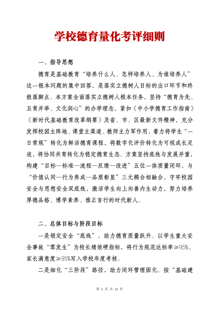 学校德育量化考评细则方案