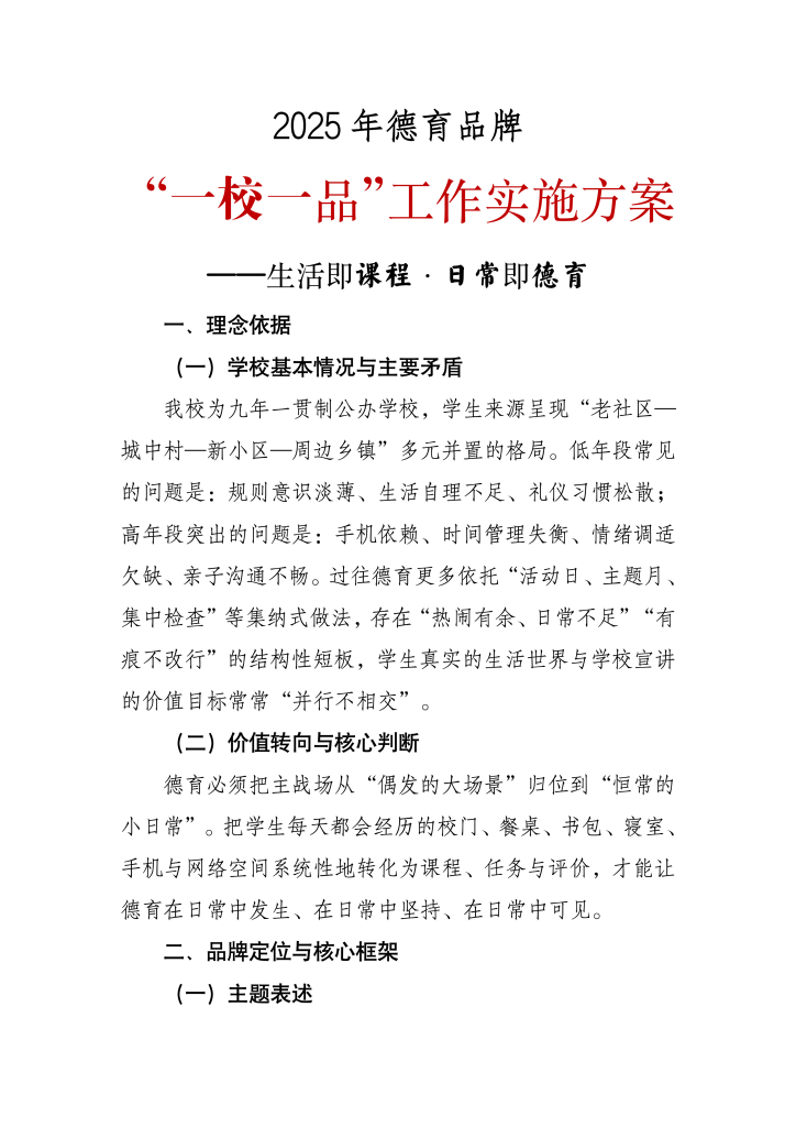 2025年德育品牌“一校一品”工作实施方案