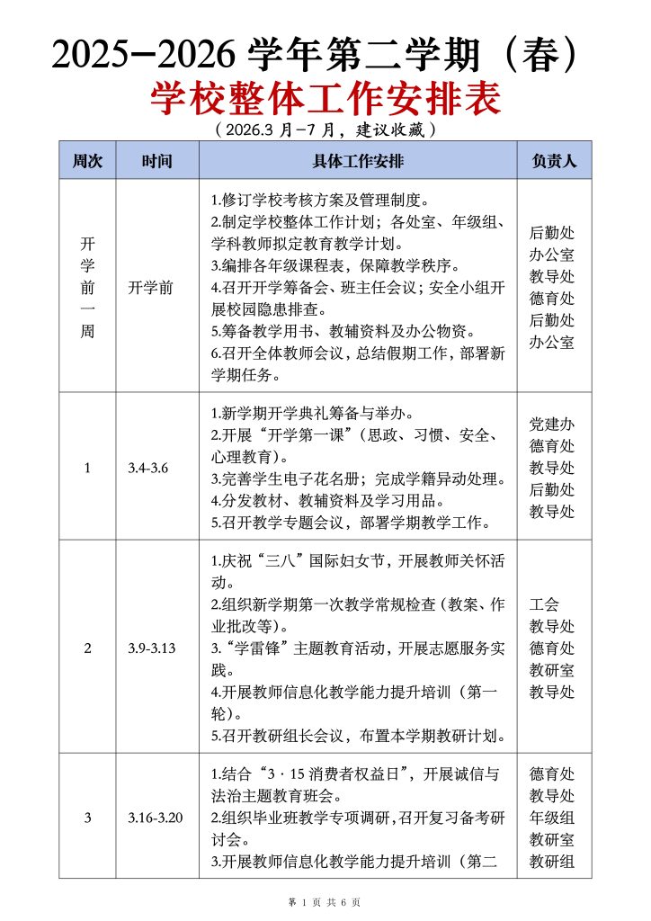 2025-2026年第二学期学校整体工作安排表