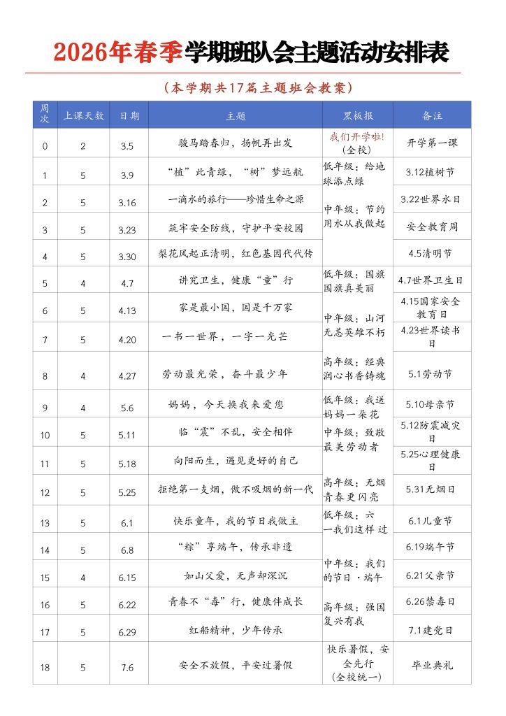 2026年春季学期班队会主题活动安排表