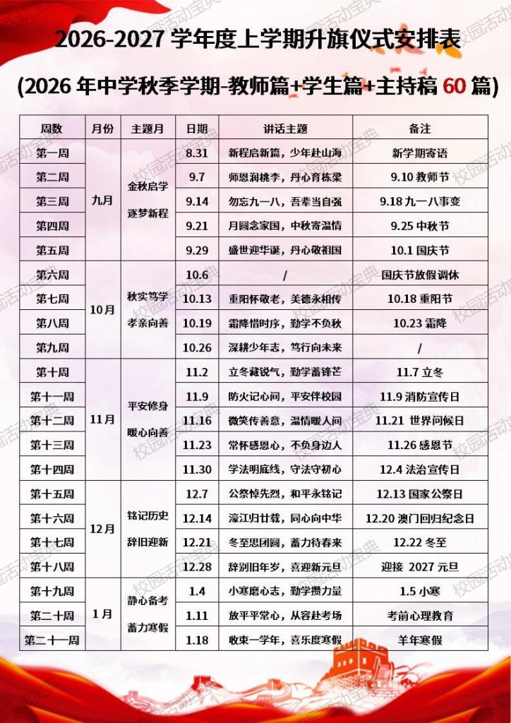 2026年中学秋季升旗仪式安排表（教师篇+学生篇+主持稿）