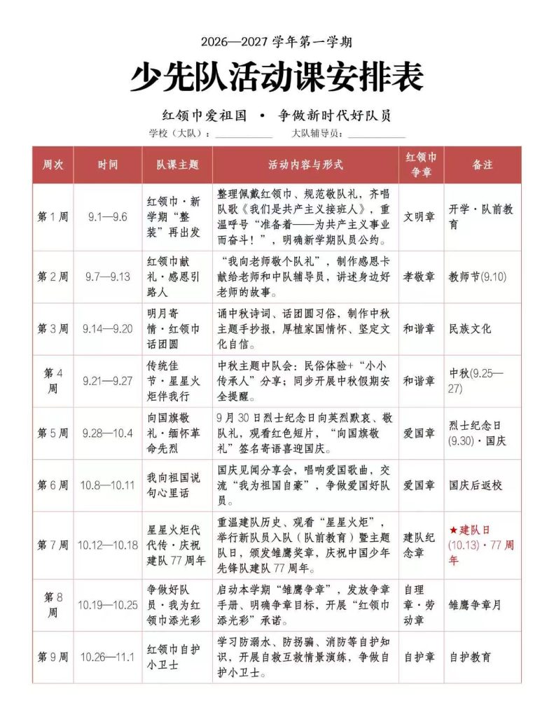 2026年黑板报安排表+少先队活动课表+主题班会表