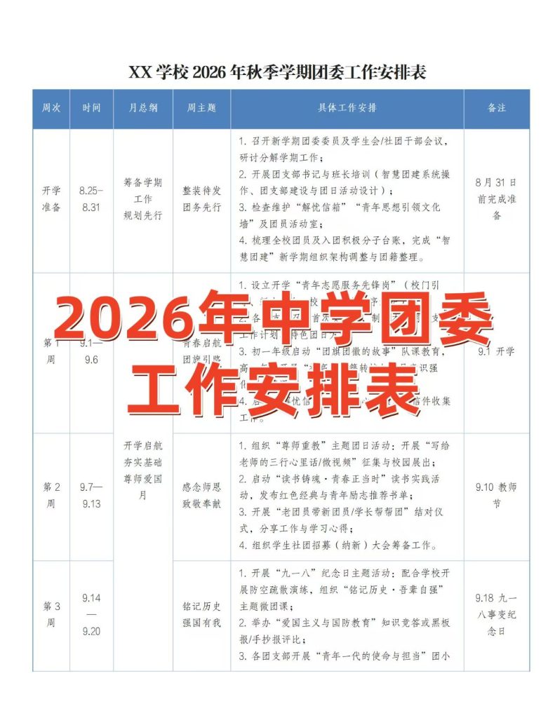 2026年中学团委工作安排表